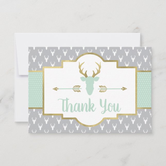 Woodland Antlers Thank You Card, Mint, Gray (Front)