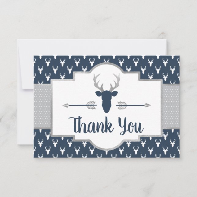 Woodland Antlers Thank You Card, Navy, Gray Card (Front)