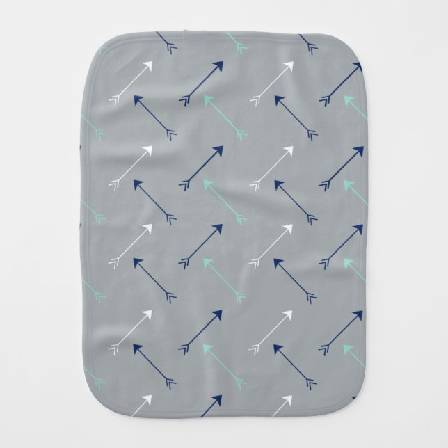 Woodland arrows in gray navy blue and mint baby burp cloth (Front)