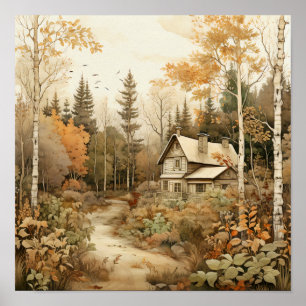 Woodland Art Cozy Cabin Woods Painting Poster
