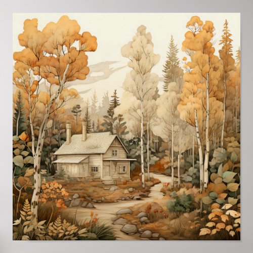 Woodland Art Cozy Cabin Woods Painting Poster