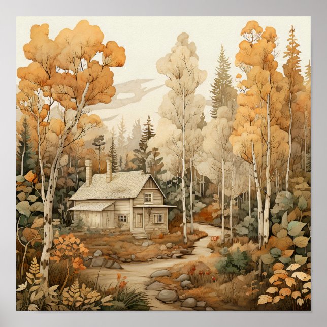 Woodland Art Cozy Cabin Woods Painting Poster (Front)