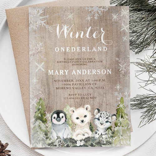 Woodland Artic Animals Winter Onederland Birthday Invitation