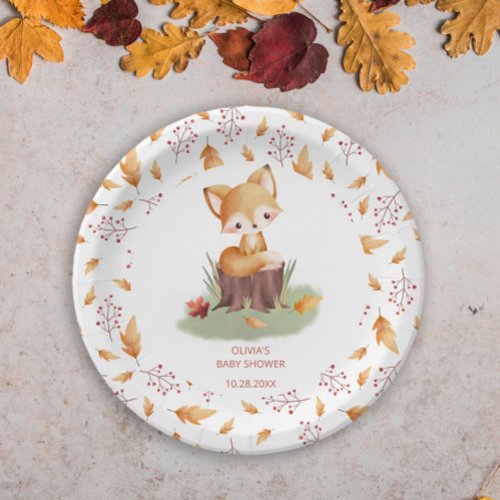 Woodland Autumn Baby Fox Baby Shower Paper Plates