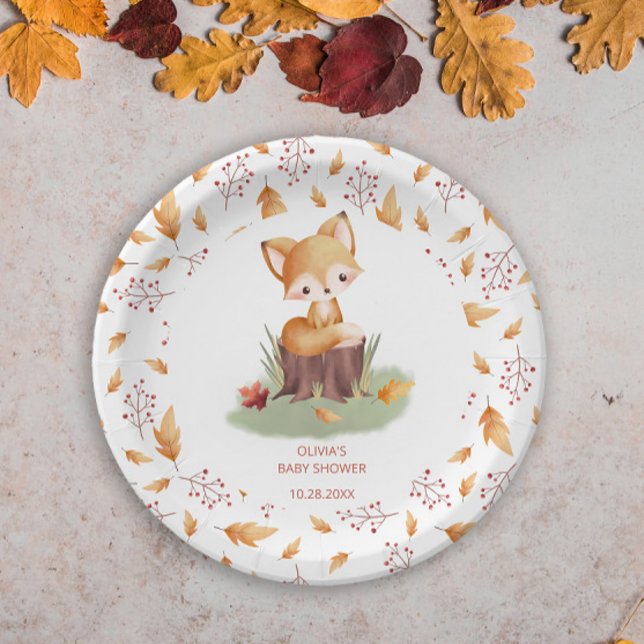 Woodland Autumn Baby Fox Baby Shower Paper Plates (Creator Uploaded)