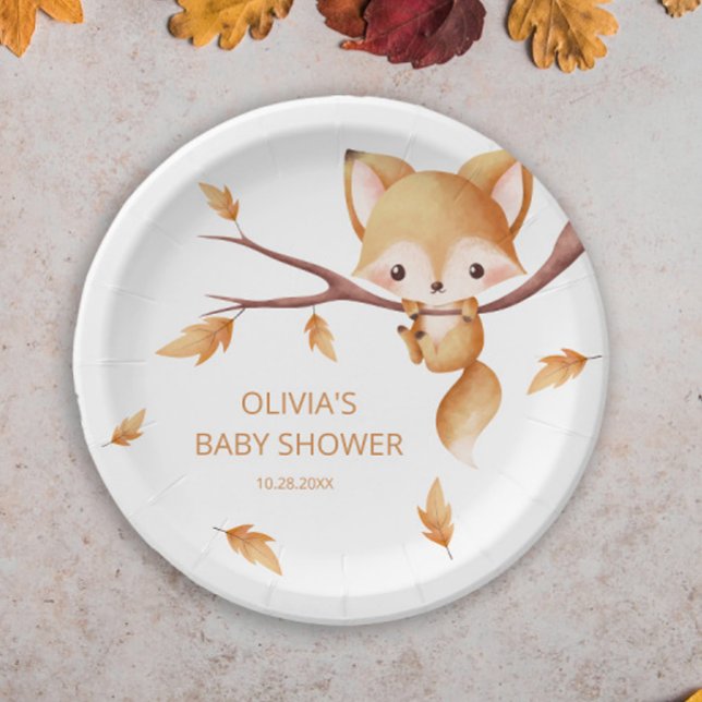 Woodland Autumn Baby Fox Baby Shower Paper Plates (Creator Uploaded)