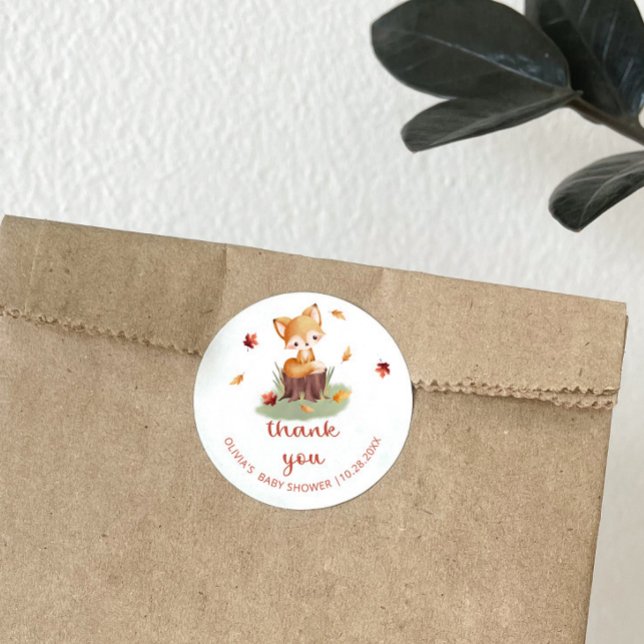 Woodland Autumn Baby Fox Thank You Classic Round Sticker (Creator Uploaded)