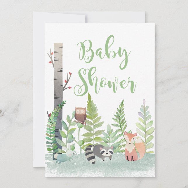 Woodland Baby Animals Greenery Baby Shower Invites (Front)