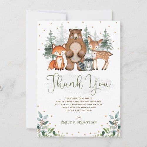 Woodland Baby Animals Greenery Gold Pine Trees Thank You Card