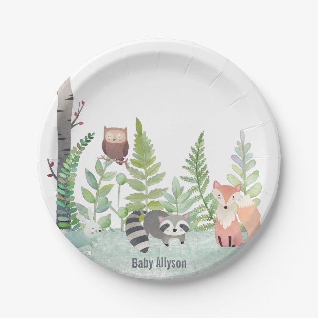 Woodland Baby Animals Greenery Monongram | Paper Plates (Front)