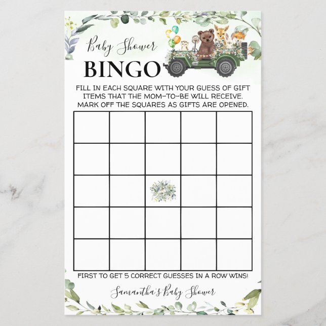 Woodland Baby Animals Shower Bingo Game Card Flyer (Front)