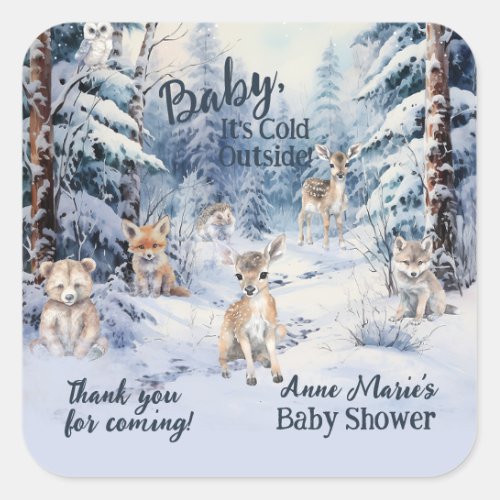 Woodland Baby Animals Winter Boy Baby Shower Square Sticker