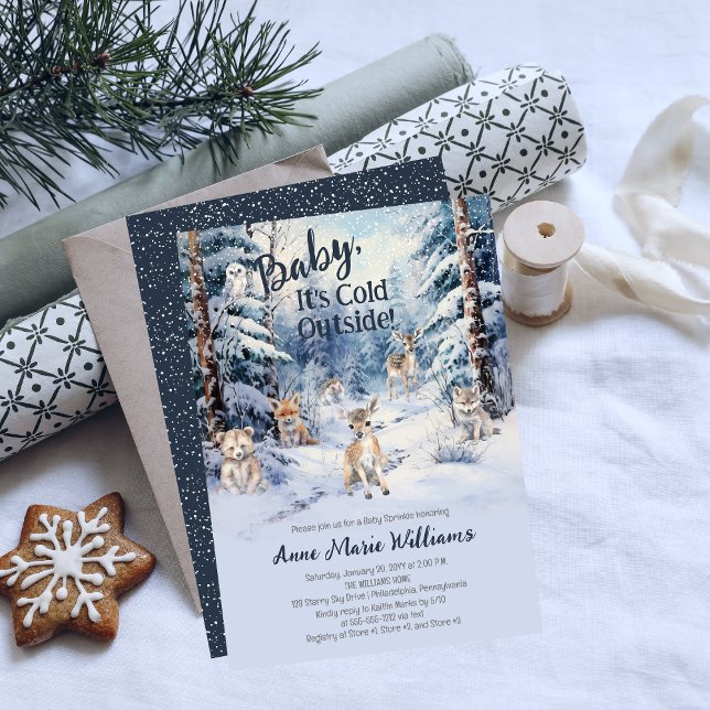 Woodland Baby Animals Winter Boy Baby Sprinkle Invitation (Blue Rustic Woodland Animals Baby It's Cold Outside Boy Baby Sprinkle Invitation)