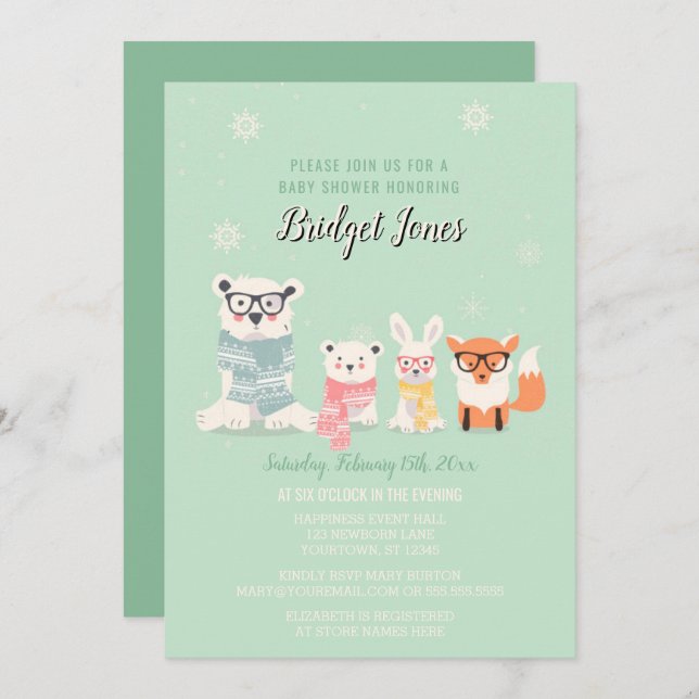 Woodland Baby Animals Winter Forest Baby Shower Invitation (Front/Back)