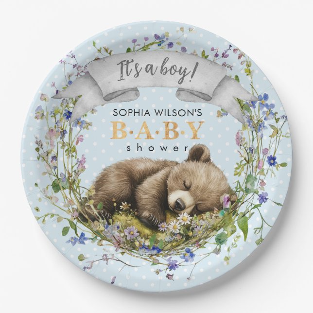 Woodland Baby Bear Baby Shower Paper Plate (Front)