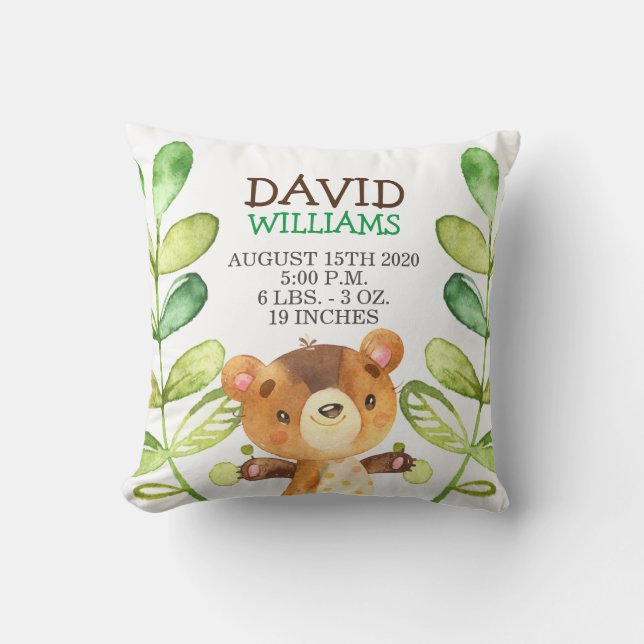 Woodland Baby Bear Birth Stats Forest Cute Nursery Throw Pillow (Front)