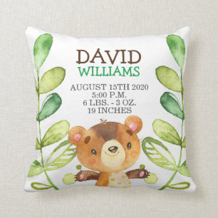 Woodland Baby Bear Birth Stats Forest Cute Nursery Throw Pillow