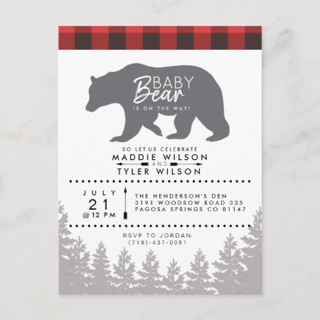 Woodland Baby Bear | Rustic Lumberjack Baby Shower Invitation Postcard