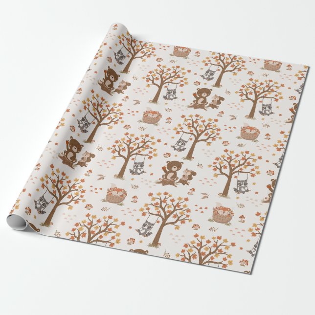 Woodland Baby Bears Squirrels Raccoon Baby Shower  Wrapping Paper (Unrolled)