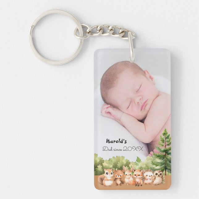Woodland Baby Boy Photo Name Dad Since Keychain (Front)