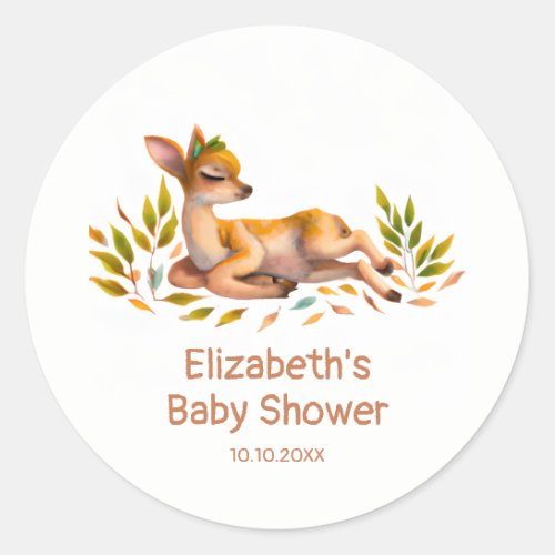Woodland Baby Deer and Foliage Baby Shower Classic Round Sticker