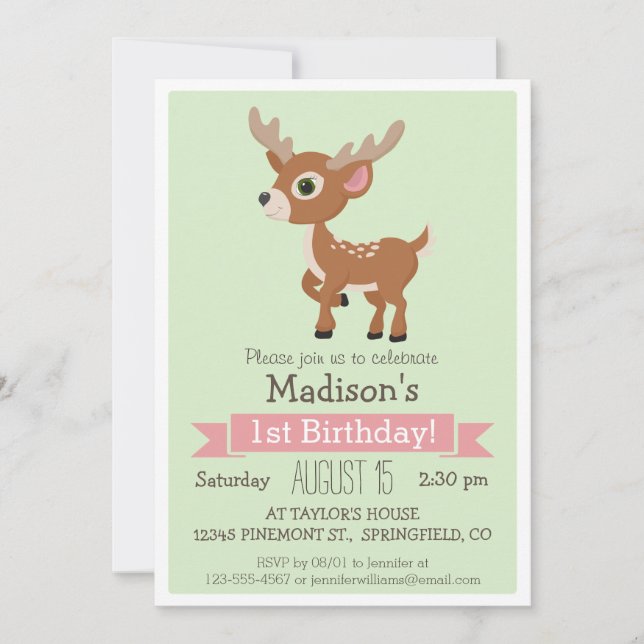 Woodland Baby Deer, Fawn Birthday Party Invitation (Front)