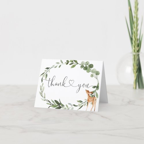Woodland baby deer greenery eucalyptus thank you card