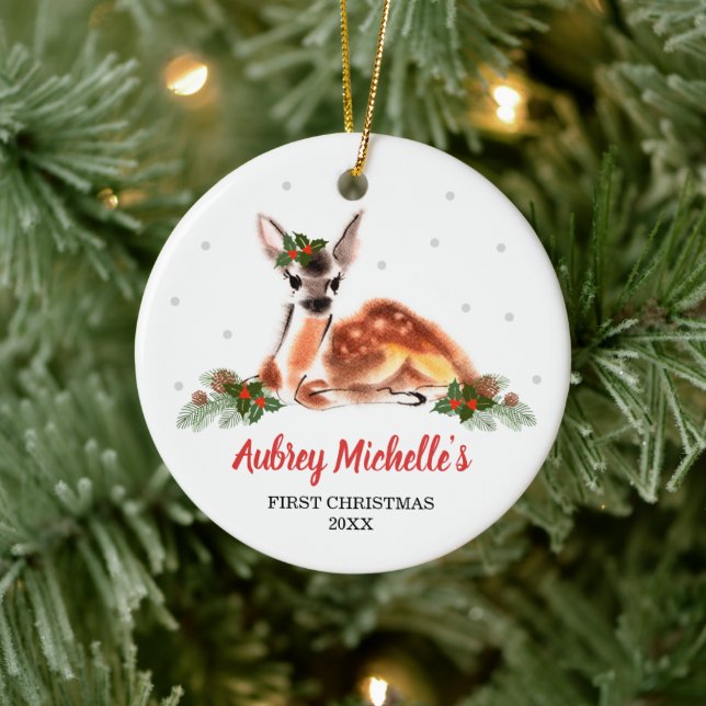 Woodland Baby Deer Personalized First Christmas Ceramic Ornament (Tree)