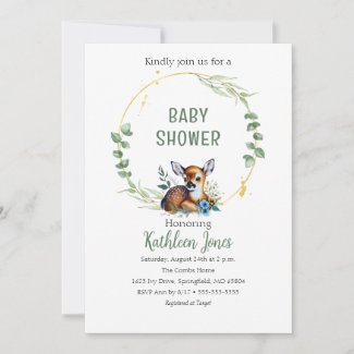 Woodland Baby Deer with Greenery and Gold Invitation