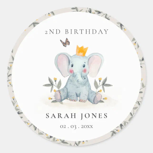 Woodland Baby Elephant Foliage Any Age Birthday Classic Round Sticker ...