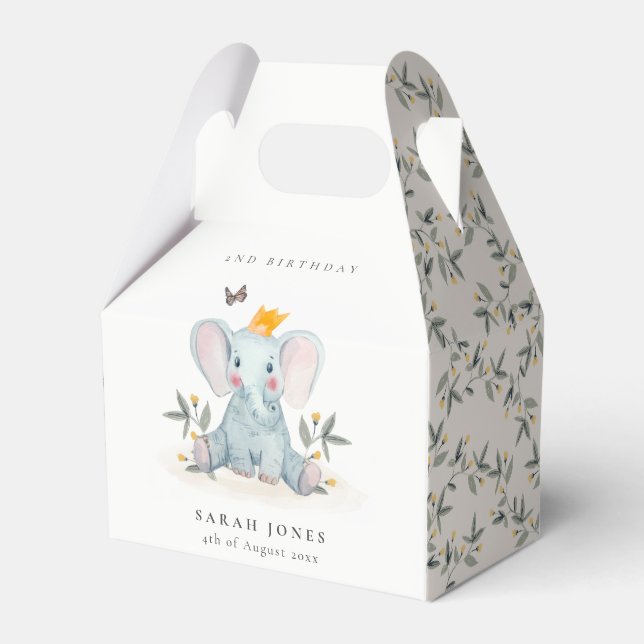 Woodland Baby Elephant Foliage Any Age Birthday Favor Boxes (Front Side)