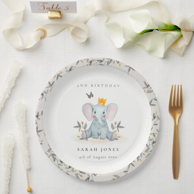 Woodland Baby Elephant Foliage Any Age Birthday Paper Plates (Wedding)