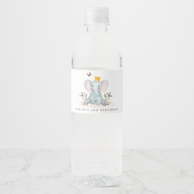 Woodland Baby Elephant Foliage Any Age Birthday Water Bottle Label (Front)