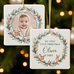 Woodland Baby First Christmas Customized Photo Ceramic Ornament<br><div class="desc">Celebrate your little one’s first holiday season with this Woodland Baby First Christmas Customized Photo Ceramic Ornament. Featuring charming woodland elements and space for your favorite photo, this keepsake adds a warm, rustic touch to your holiday décor. Perfect for new parents and grandparents, this personalized ornament is crafted from durable...</div>