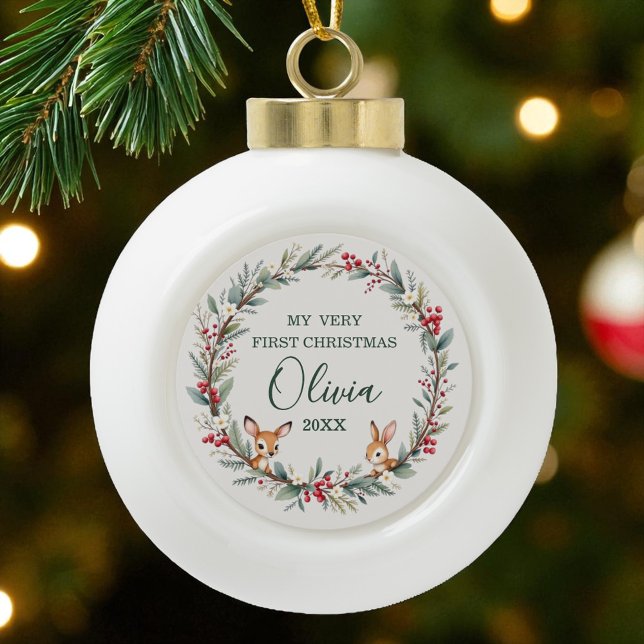 Woodland Baby First Christmas Personalized  Ceramic Ball Christmas Ornament (Creator Uploaded)