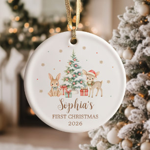 Woodland Baby First Christmas Personalized Photo Ceramic Ornament