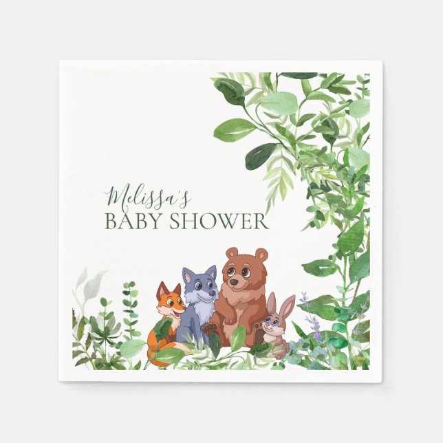 Woodland baby forest friends greenery custom party napkins (Front)
