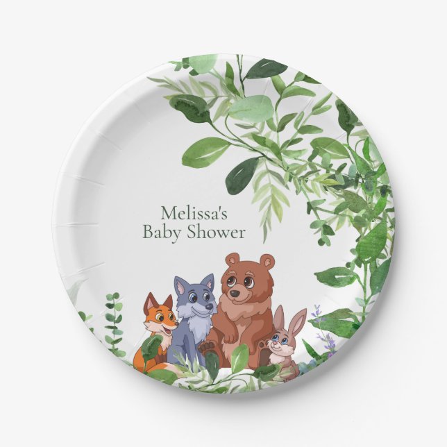 Woodland baby forest friends greenery dessert paper plates (Front)
