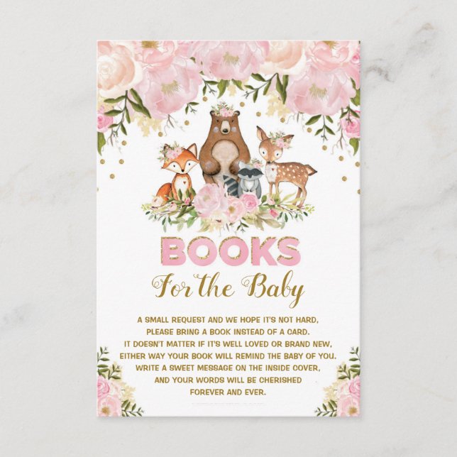 Woodland Baby Girl Blush Gold Floral Bring a Book Enclosure Card (Front)