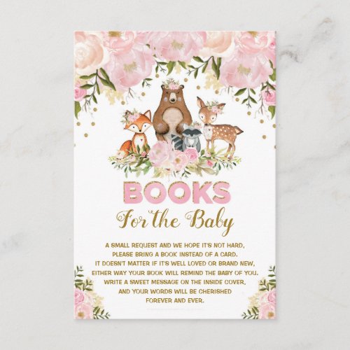 Woodland Baby Girl Blush Gold Floral Bring a Book Enclosure Card