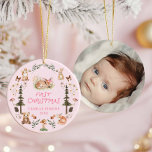 Woodland Baby Girl First Christmas Photo Ornament<br><div class="desc">Mark this special milestone with a woodland baby girl first Christmas photo ornament,  designed with rustic forest charm and sweet woodland animals. Add your little one’s photo for a keepsake that brings warmth and joy to your holiday tree year after year.</div>