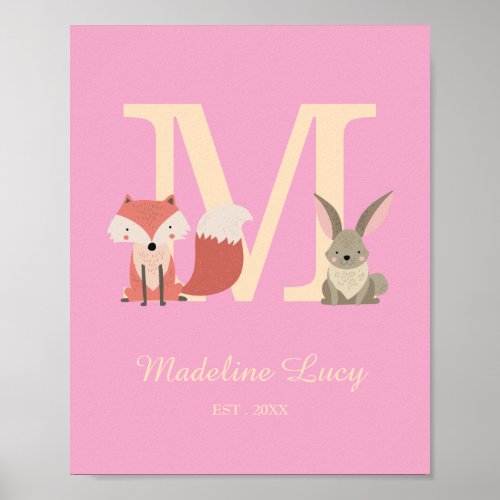 Woodland Baby Initial Monogram Pink Nursery Poster