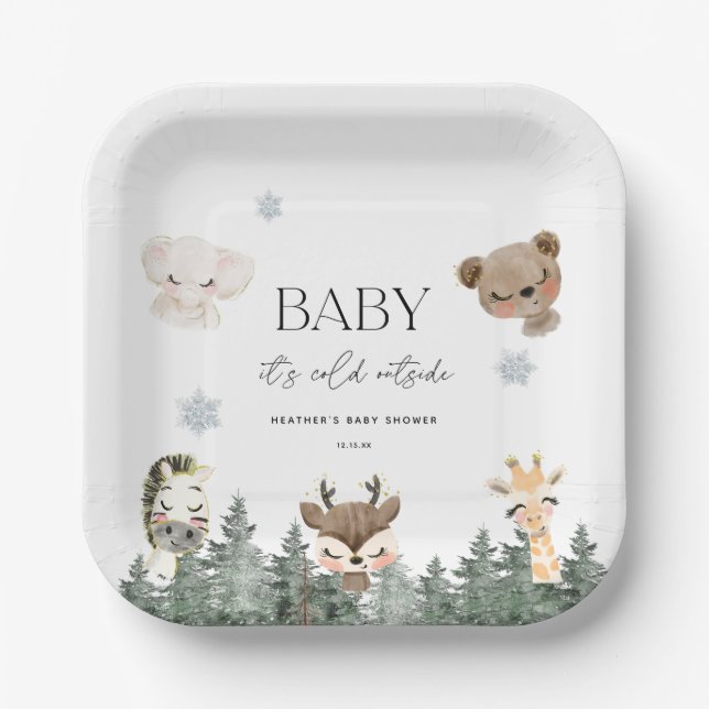 Woodland Baby It's Cold Outside Baby Shower Paper Plates (Front)