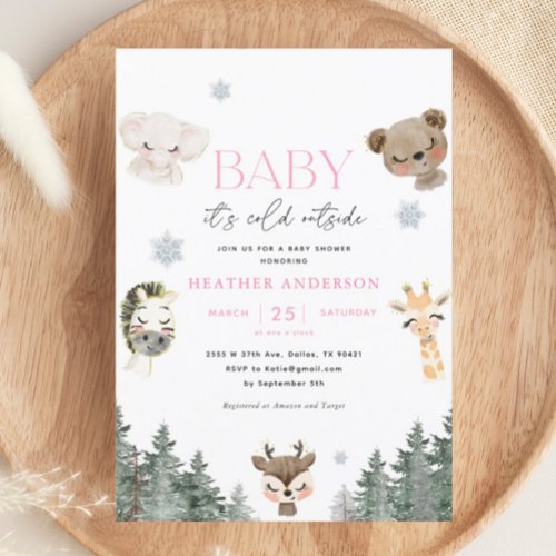 Woodland Baby Its Cold Outside Girl Baby Shower Invitation