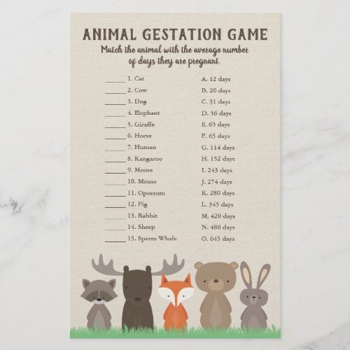 Woodland Baby Shower Animal Gestation Game Quiz