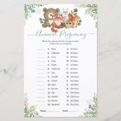 Woodland Baby Shower Animal Pregnancy Game