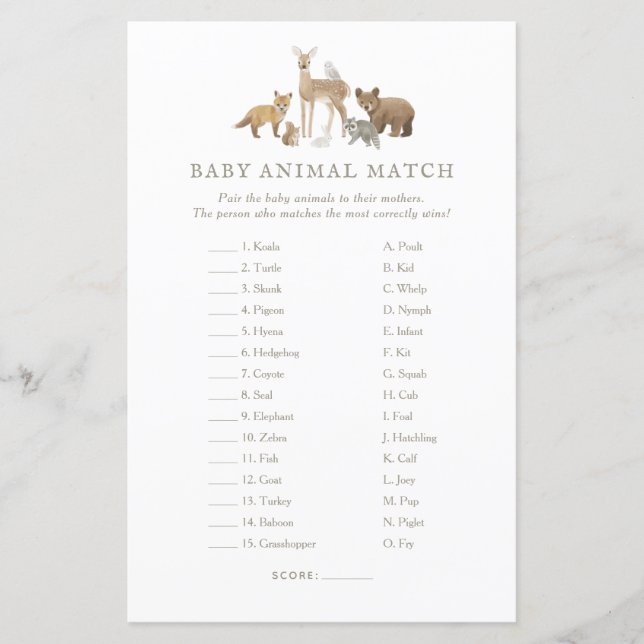 Woodland Baby Shower Baby Animal Match Game (Front)