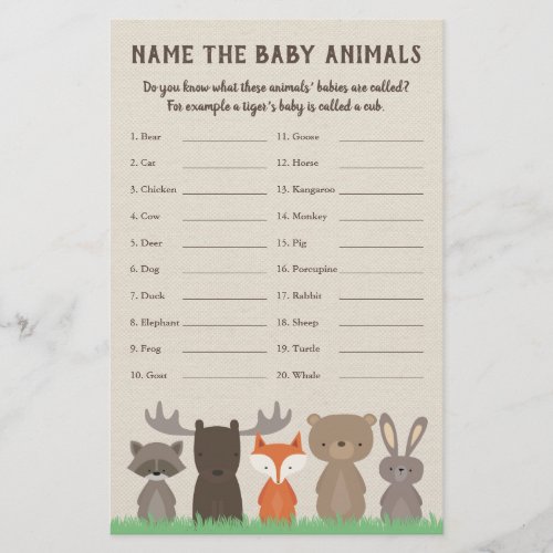 Woodland Baby Shower Baby Animal Name Game