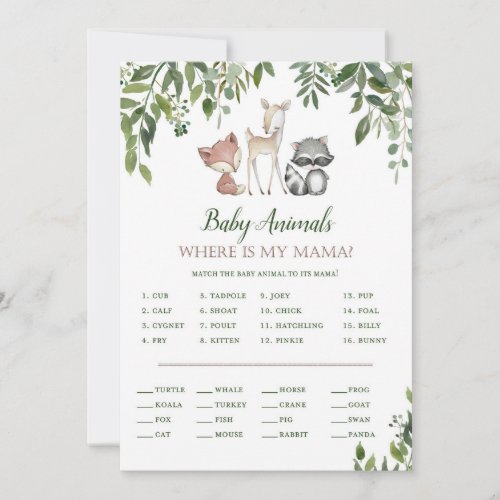 Woodland Baby Shower Baby Animals Game 5x7 Invitation