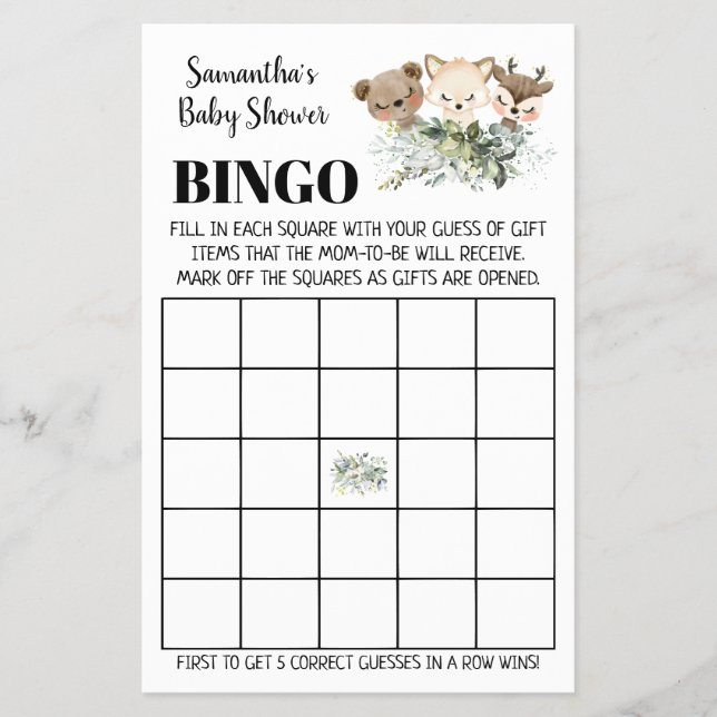 Woodland Baby Shower Bingo bilingual game card Flyer (Front)